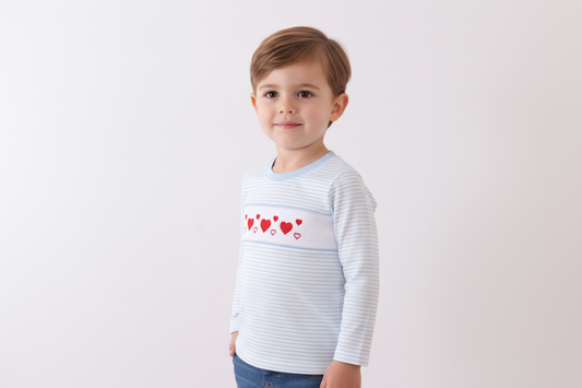 Blue heart smocked stripe top