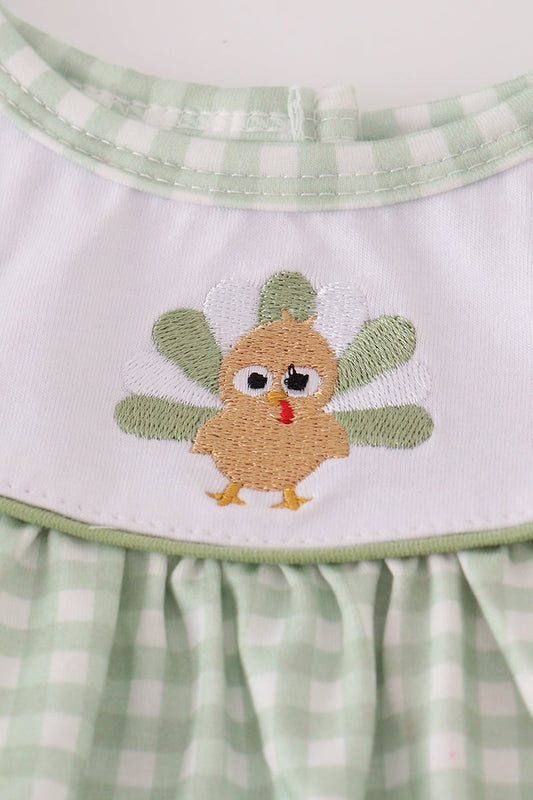 Sage turkey embroidery gingham dress