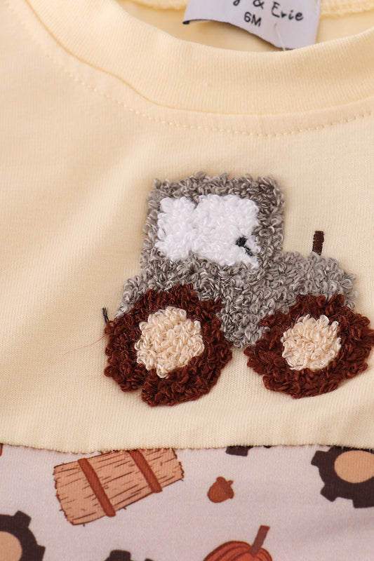 Yellow tractor french knot romper
