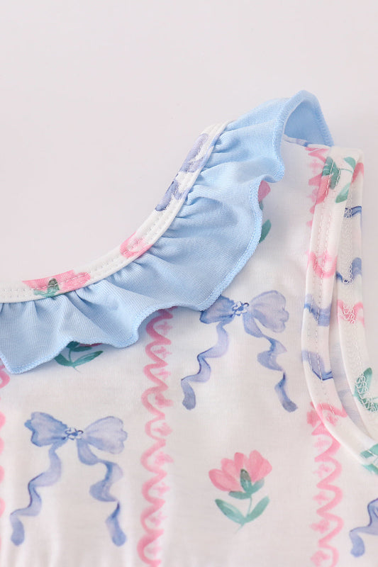 Blue floral bow ruffle shorts set
