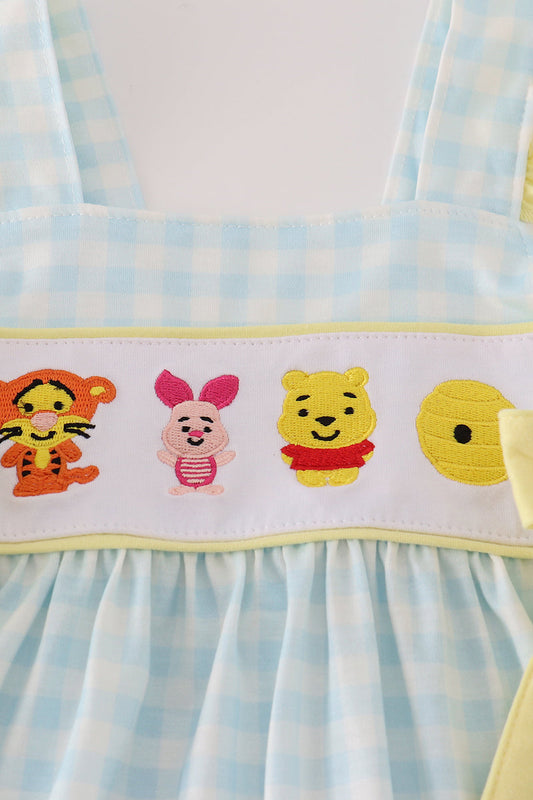 Blue character embroidery gingham ruffle dress