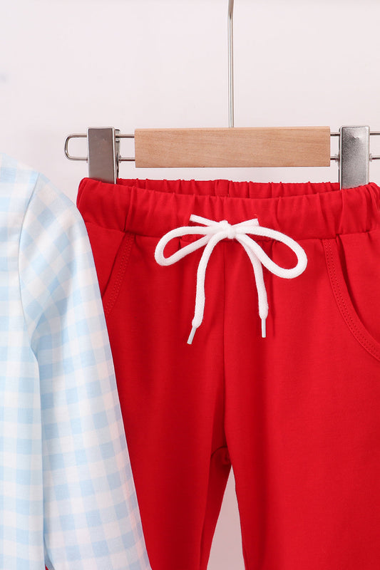 Blue car embroidery gingham pants set