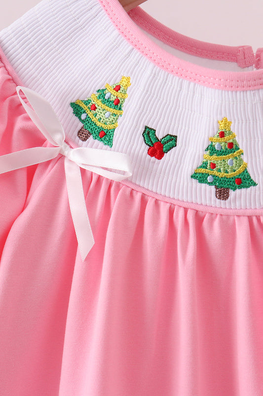 Pink christmas tree smocked ruffle pants set