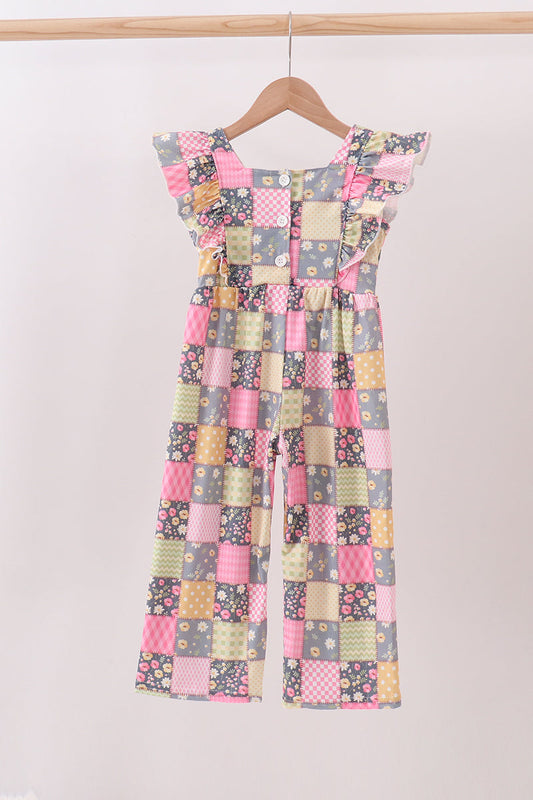 Yellow floral checkered ruffle jumpsuit