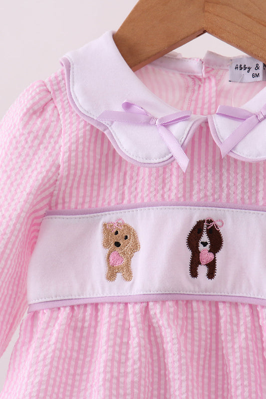 Pink puppy embroidery seersucker bubble