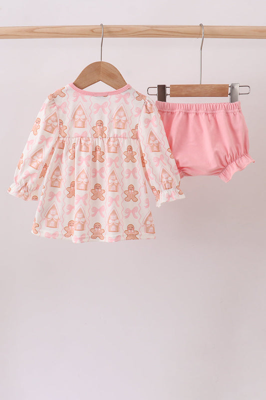Pink gingerbread embroidery ruffle bloomer set