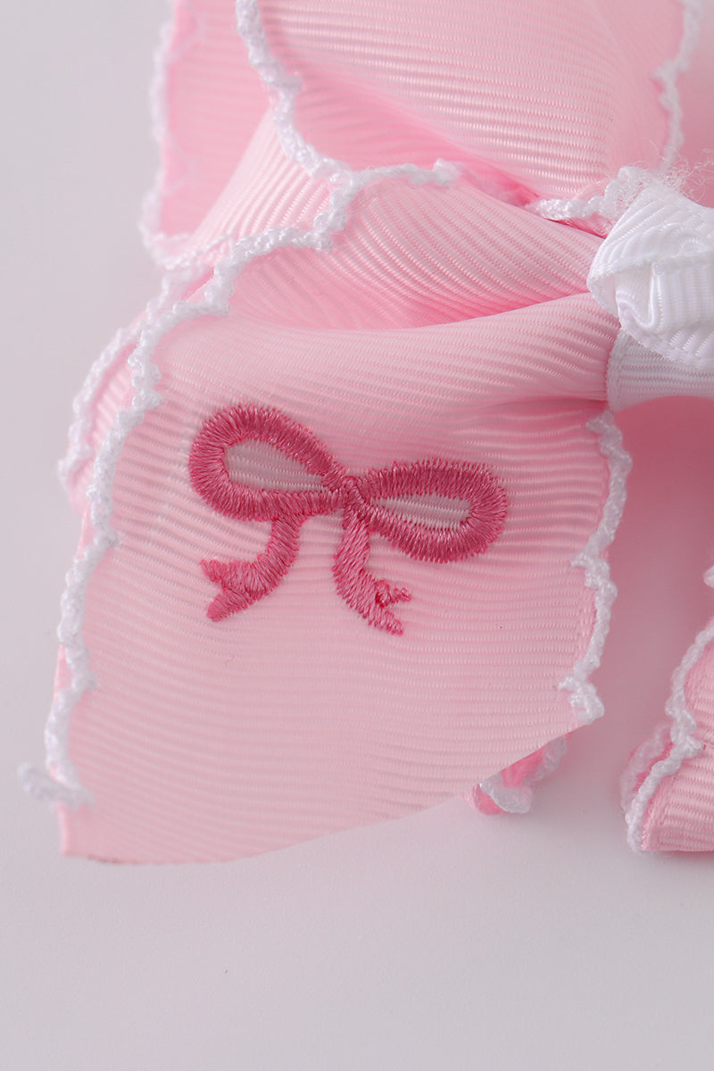 Pink embroidery hair bow