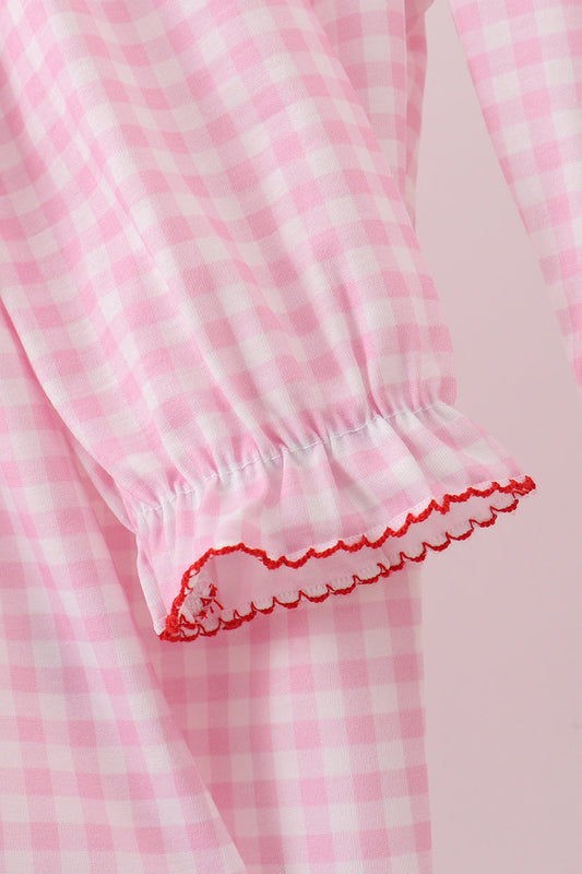 Pink santa claus embroidery gingham pants set