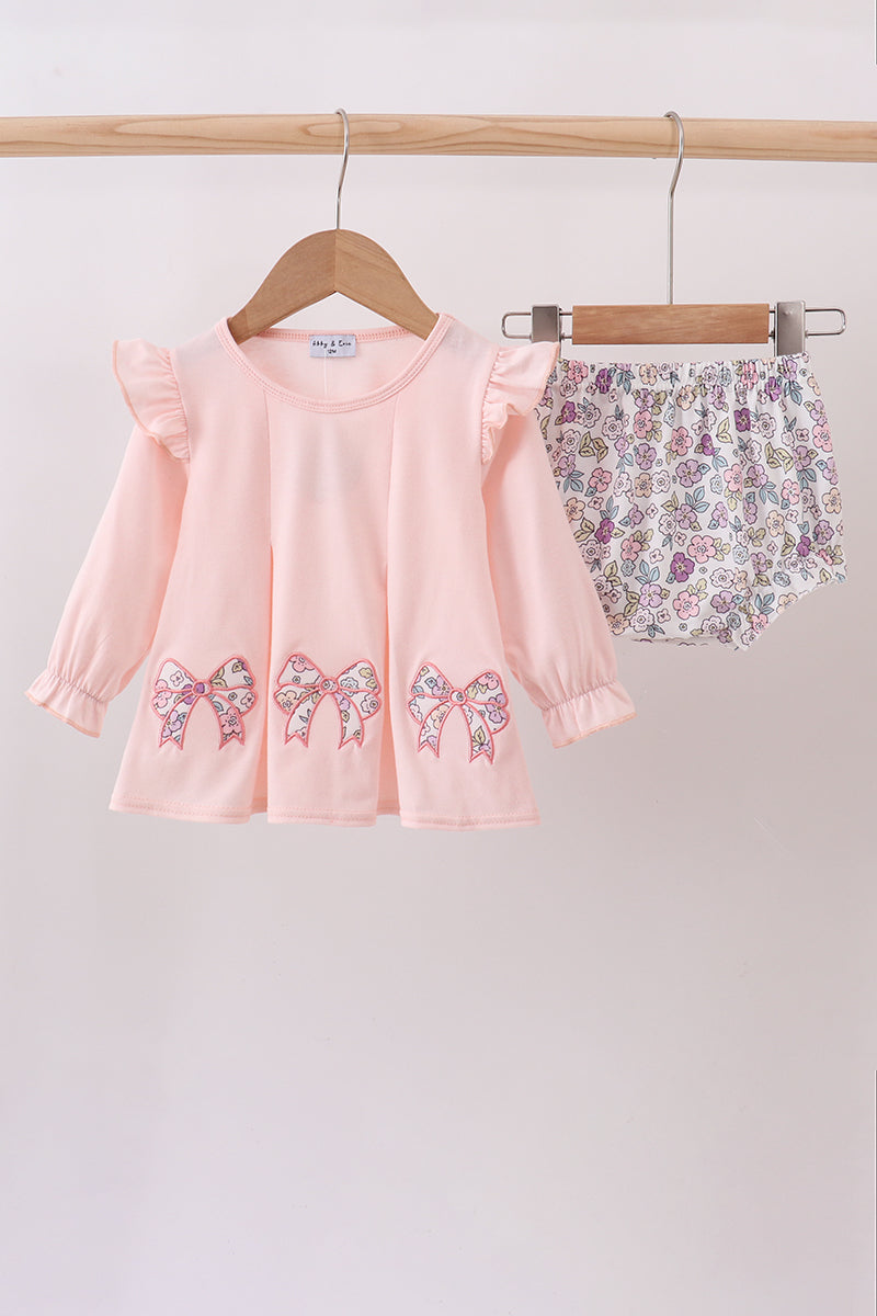 Pink floral bow applique bloomer set