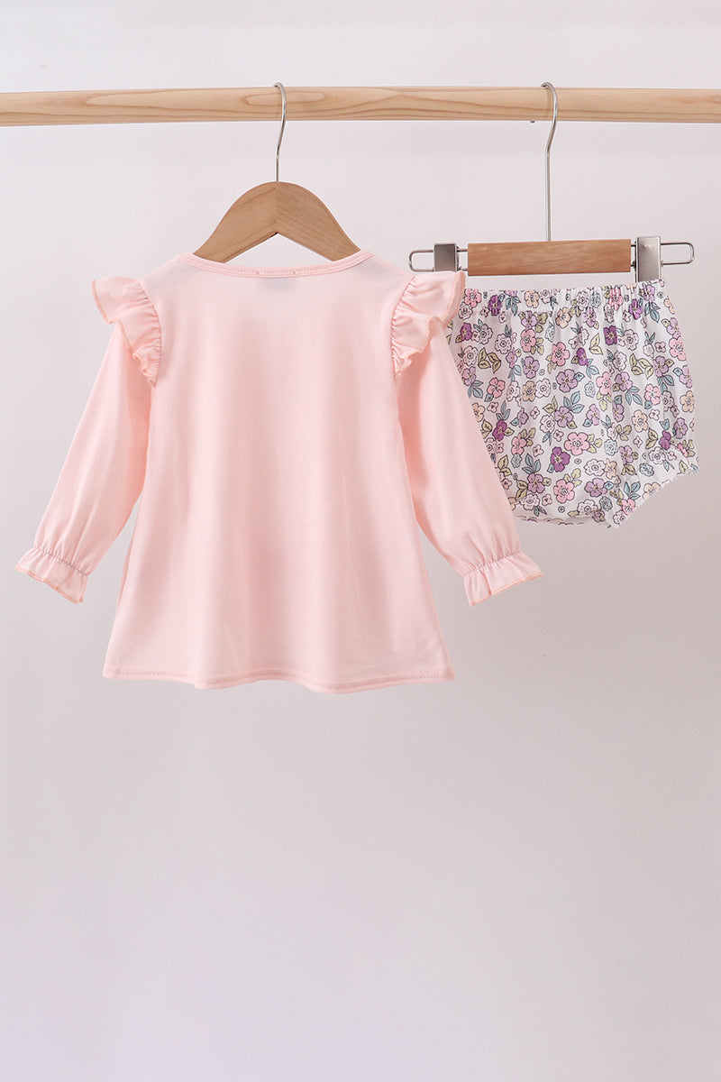 Pink floral bow applique bloomer set