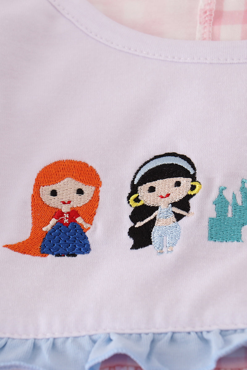 Pink princess castle embroidery gingham ruffle pants set