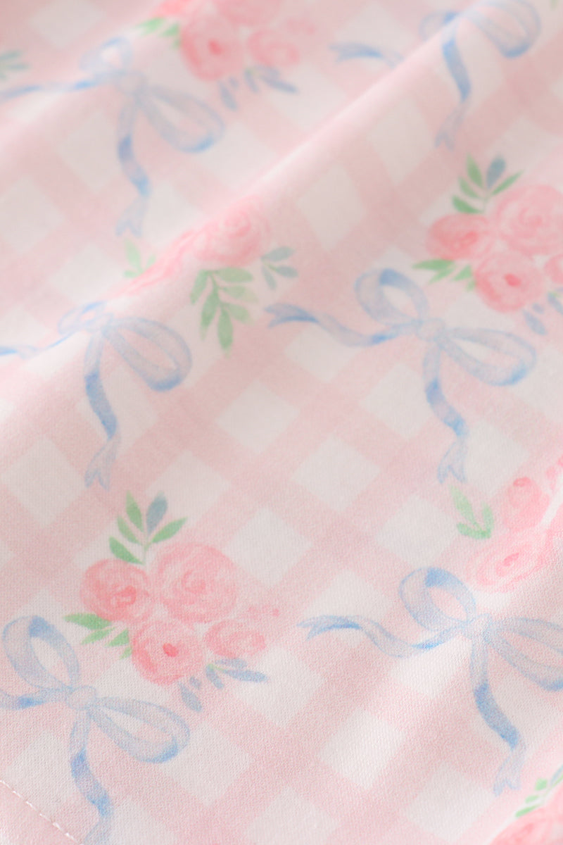 Pink floral print ruffle bow pants set