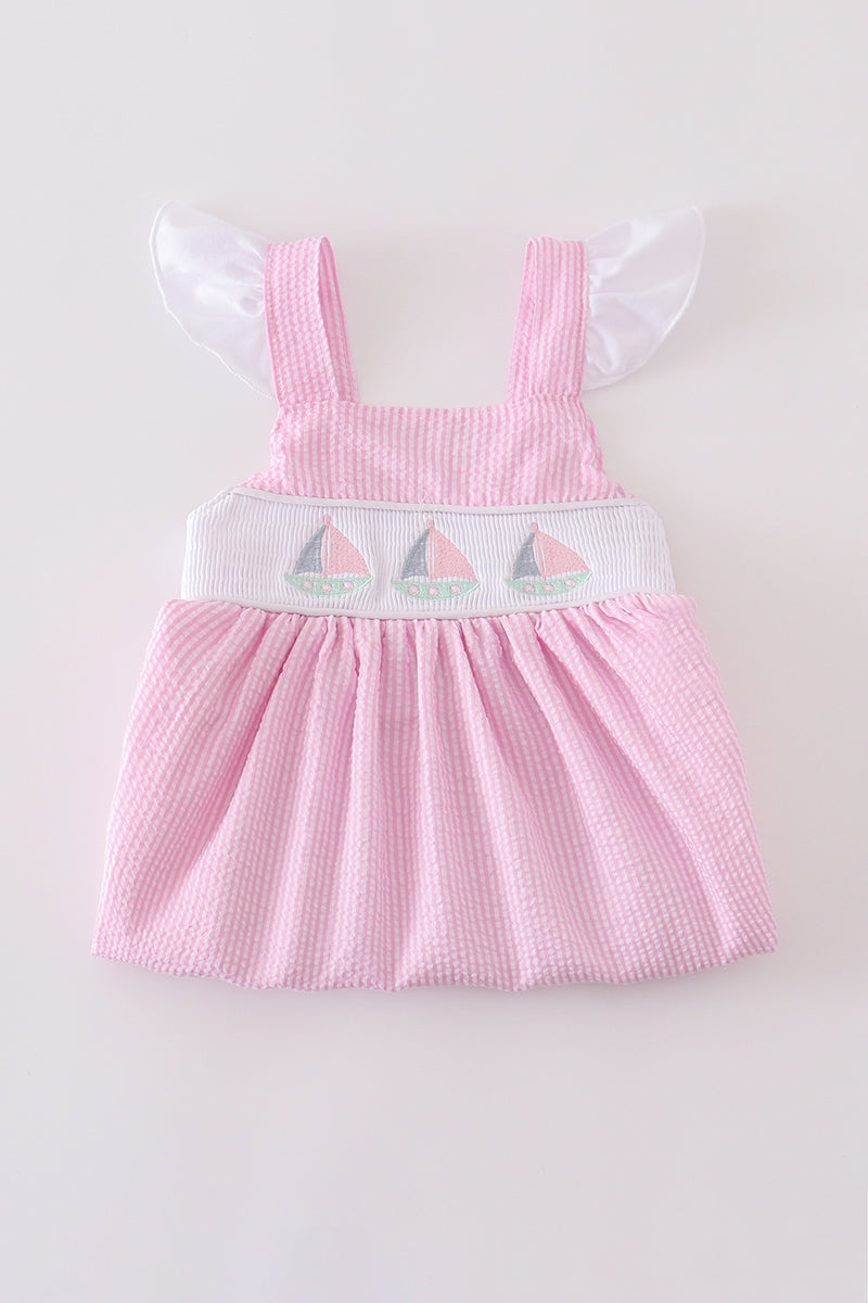 Pink stripe seersucker sailboat embroidery smocked dress