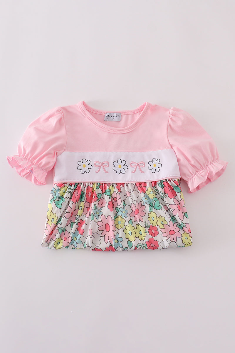 Pink floral embroidery dress