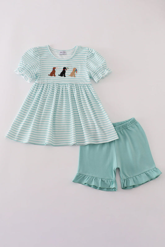 Green stripe puppy hunting embroidery shorts set