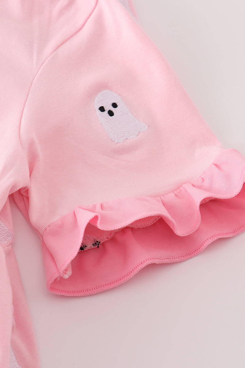 Pink ghost embroidery ruffle dress