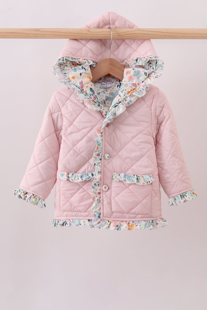 Pink floral print ruffle quilted jacket