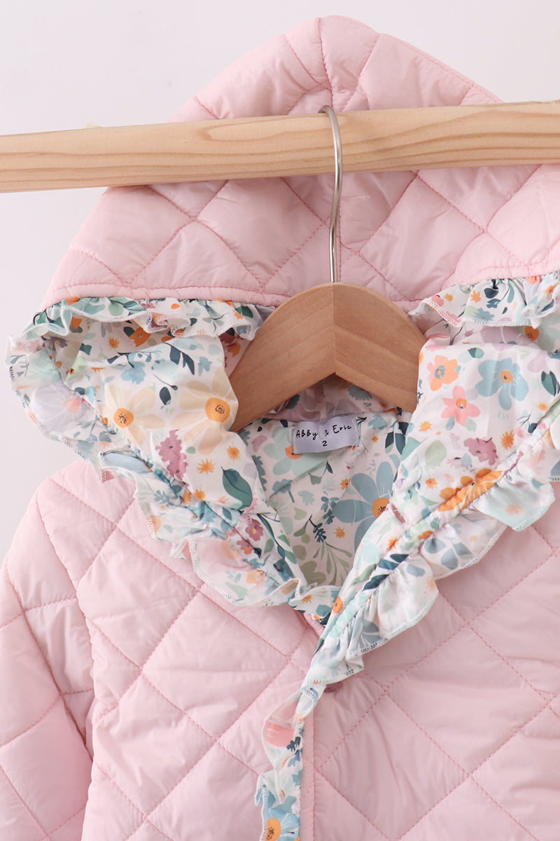 Pink floral print ruffle quilted jacket