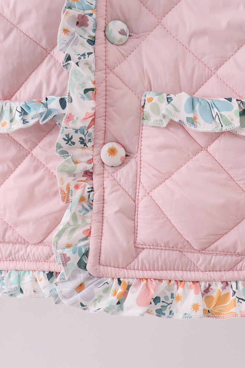 Pink floral print ruffle quilted jacket