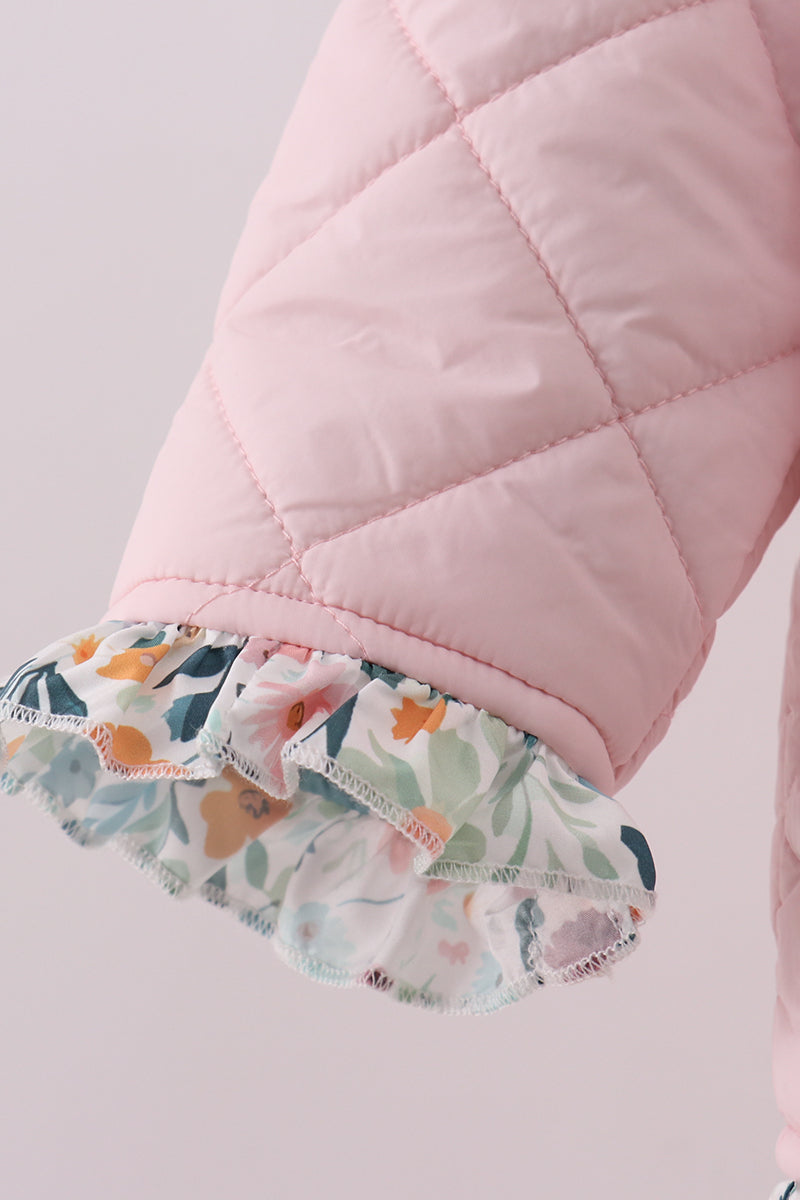 Pink floral print ruffle quilted jacket