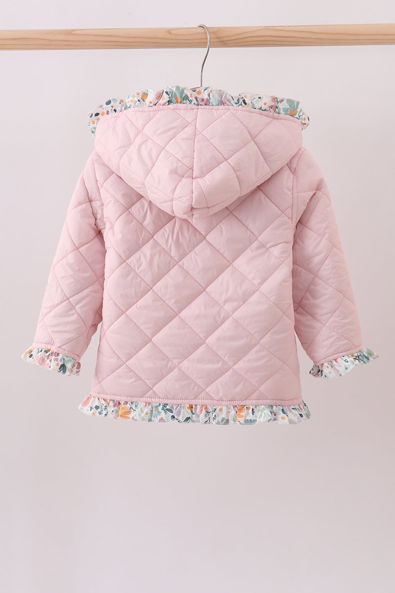 Pink floral print ruffle quilted jacket