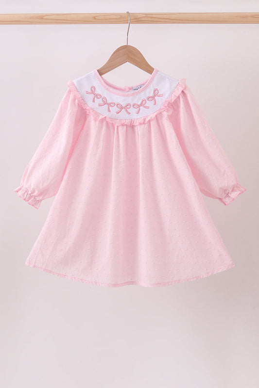 Pink bow embroidery swiss dot dress