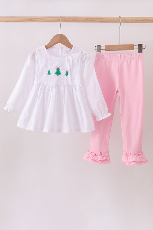 Premium white christmas tree embroidery ruffle pants set