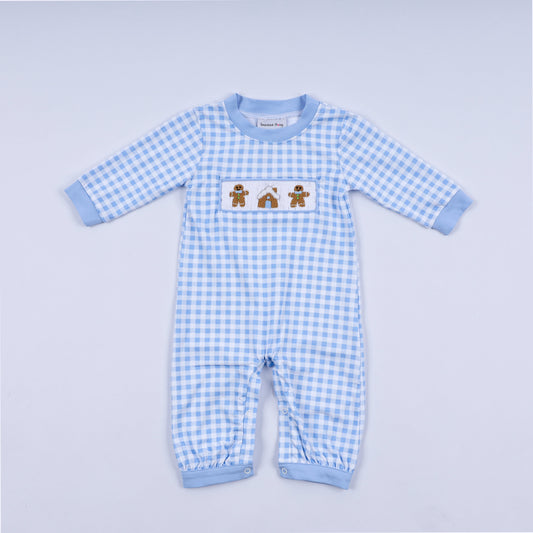 Blue gingerbread hand smocked gingham romper