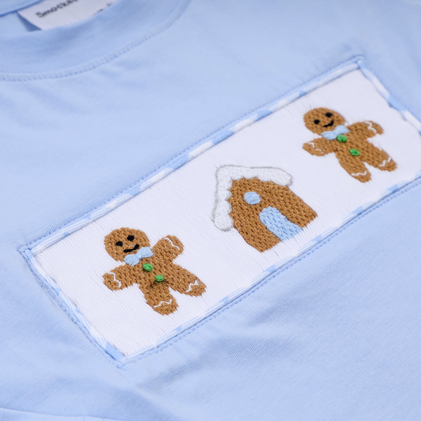 Blue gingerbread hand smocked gingham pants set
