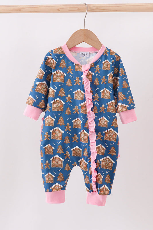 Navy gingerbread print ruffle romper