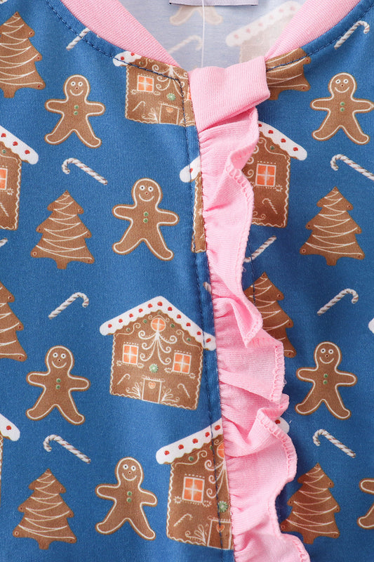 Navy gingerbread print ruffle romper