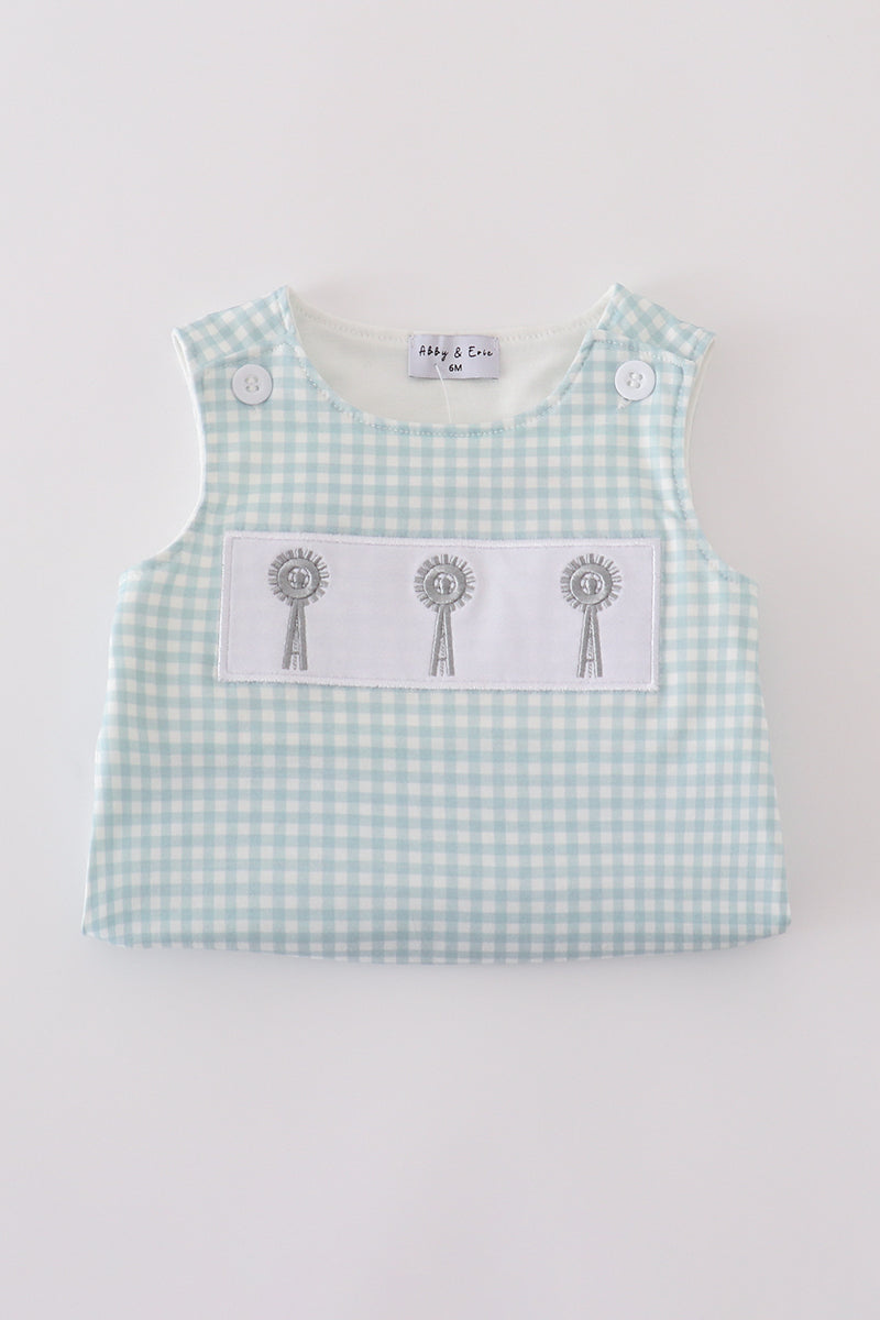 Green farm windmill embroidery gingham bubble