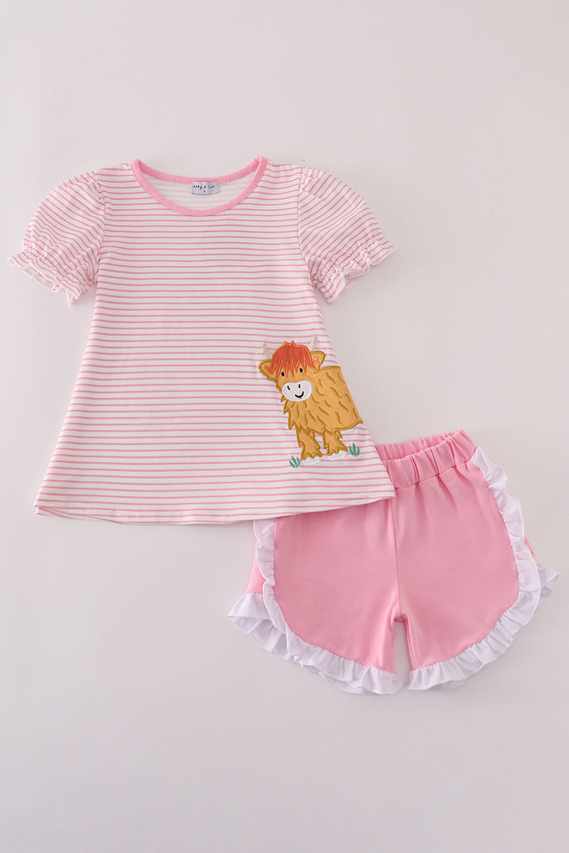 Pink stripe buffalo applique ruffle shorts set