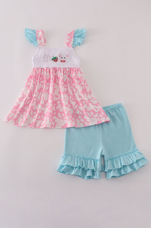 Pink strawberry milk cow embroidery ruffle shorts set
