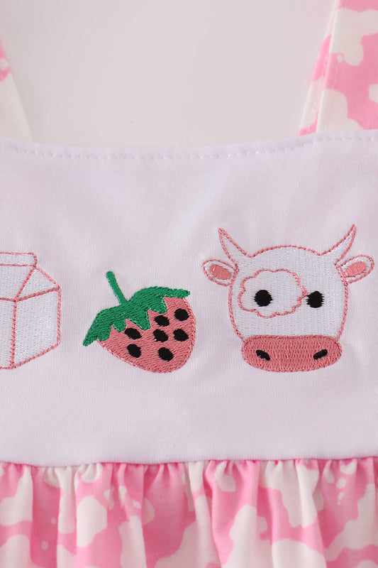 Pink strawberry milk cow embroidery ruffle shorts set