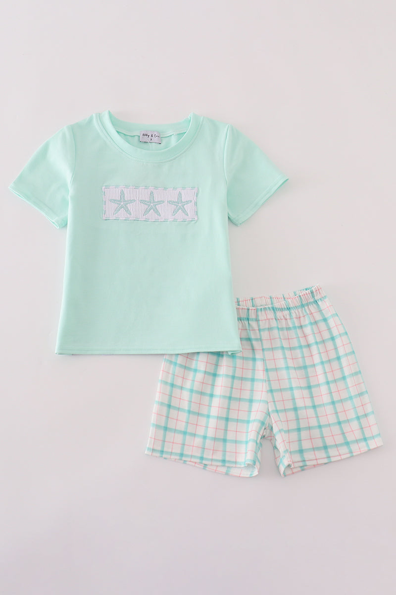 Green marine embroidery smocked shorts set