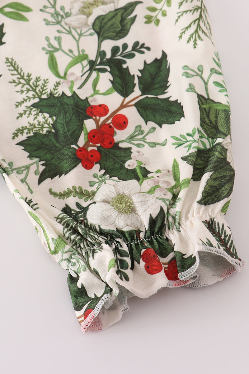 Green holly floral smocked ruffle pants set