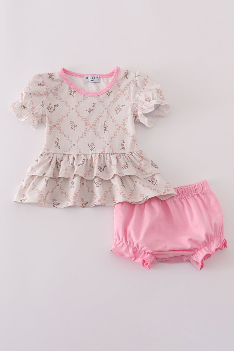 Pink floral print ruffle bloomer set