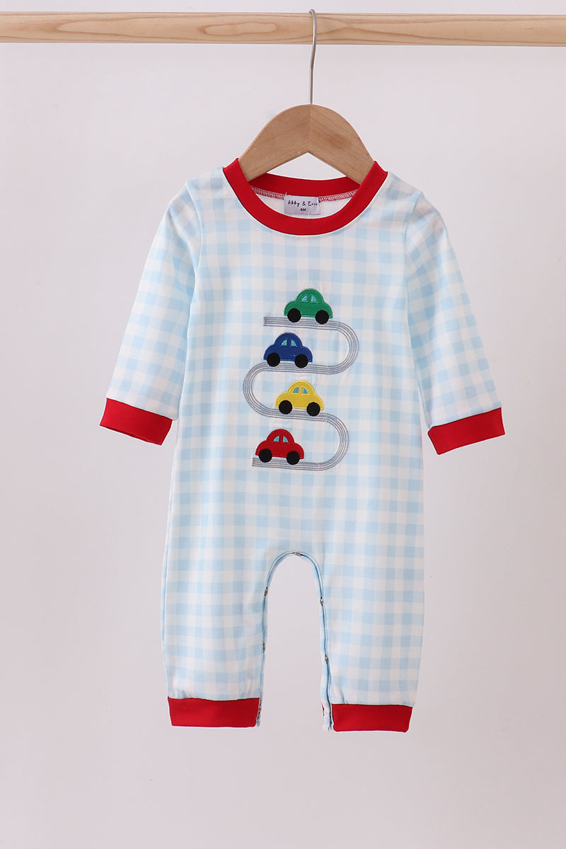 Blue car embroidery gingham romper