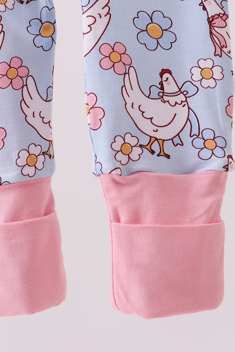 Blue chicken floral print pajama romper