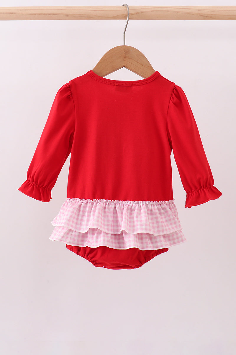 Red heart bow applique ruffle bubble