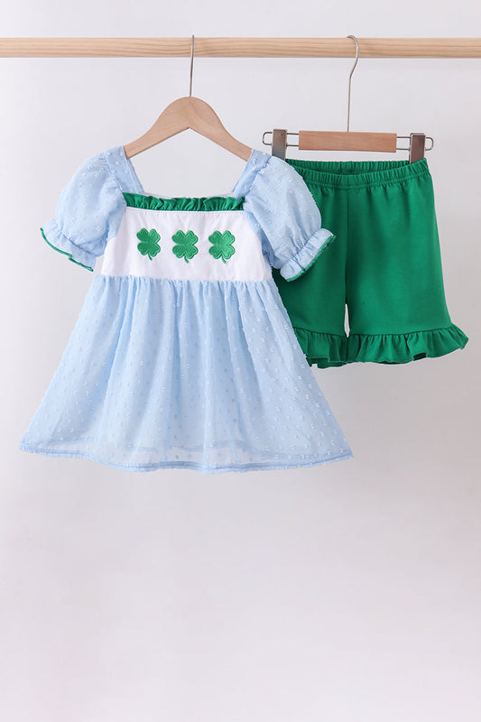 Blue clover embroidery swiss dot shorts set