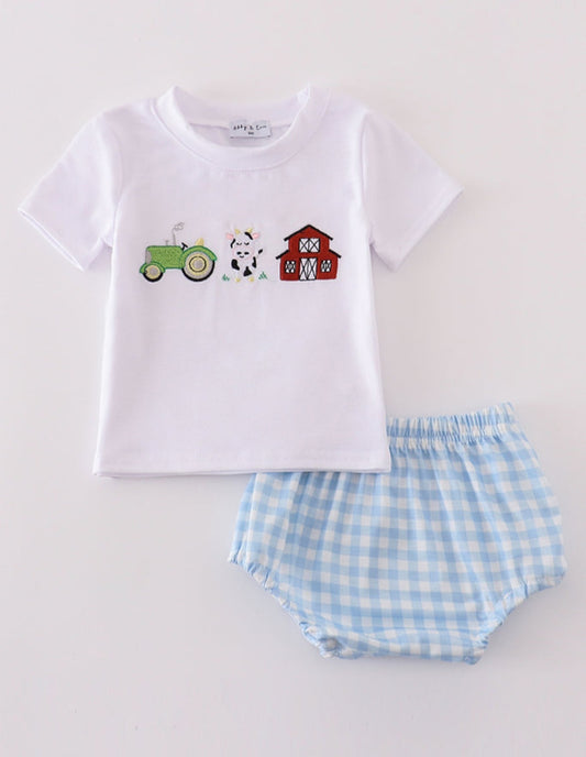 Farm Embroidered Boy Bloomer Set